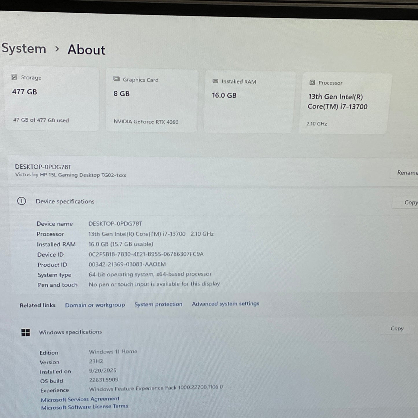 HP Victus 15L TG02-1000 i7-13700 2.10GHz 16GB RAM 512GB SSD GeForce RTX 4060