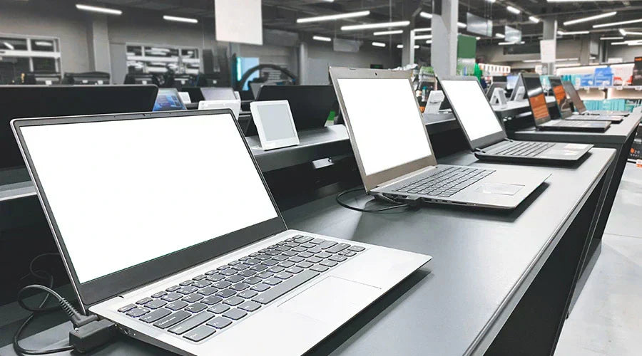 Refurbished MacBook and Windows laptops displayed at PayMore Rockville