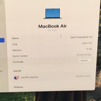 2022 Apple MacBook Air 13.6" M2 8C GPU 3.5GHz 8GB RAM 256GB SSD A2681