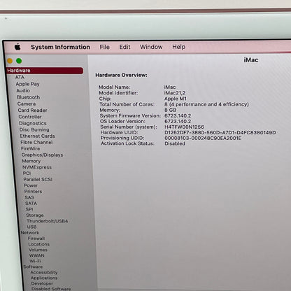 2021 Apple iMac 24" M1 3.2GHz 8GB RAM 256GB SSD Silver A2439 No Power Cord