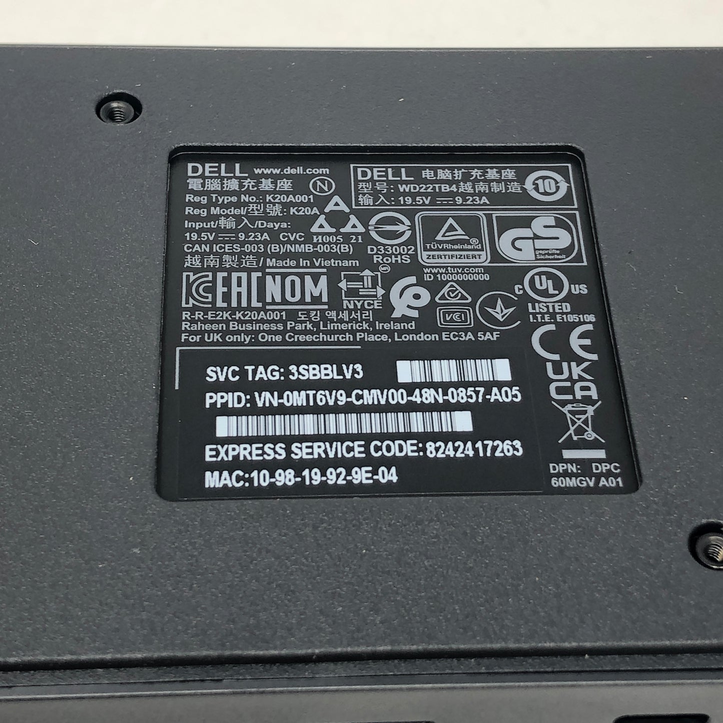 Dell WD22TB4 Thunderbolt Docking Station K20A