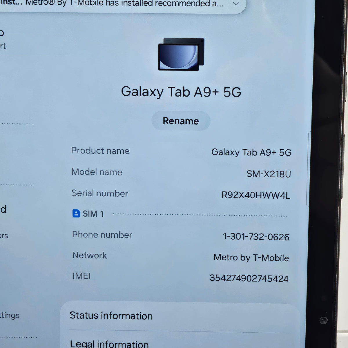 T-Mobile Samsung Galaxy Tab A9+ 5G 64GB Graphite SM-X218U Metro Android Tablet