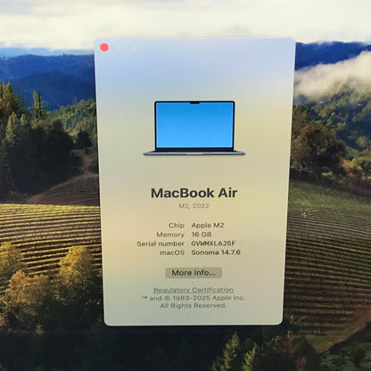 2022 Apple MacBook Air 13.6" M2 8C GPU 3.5GHz 16GB RAM 256GB SSD A2681