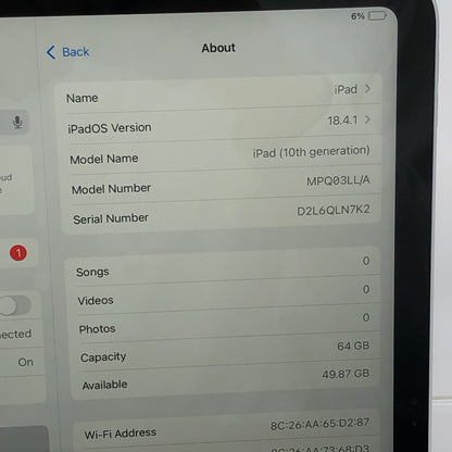 WiFi Only Apple iPad 10th Gen 64GB SILVER MPQ03LL/A