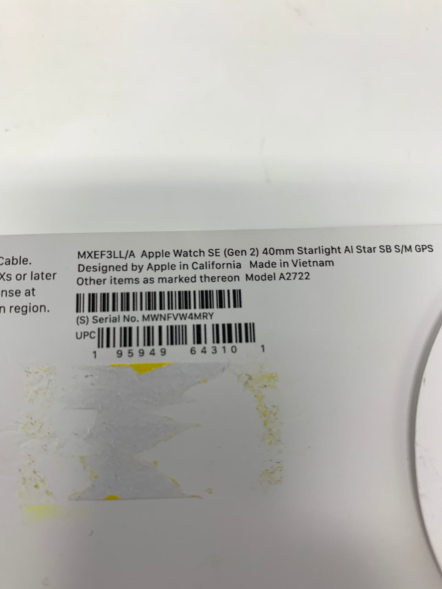 New GPS Only Apple Watch SE 2nd Gen 40MM Starlight Aluminum A2722