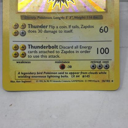 Pokémon TCG Base Set Zapdos (Shadowless) 30/102 Holo English