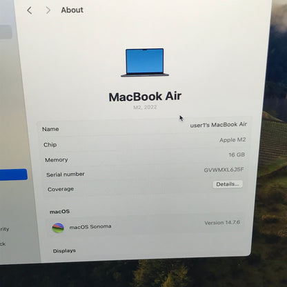 2022 Apple MacBook Air 13.6" M2 8C GPU 3.5GHz 16GB RAM 256GB SSD A2681