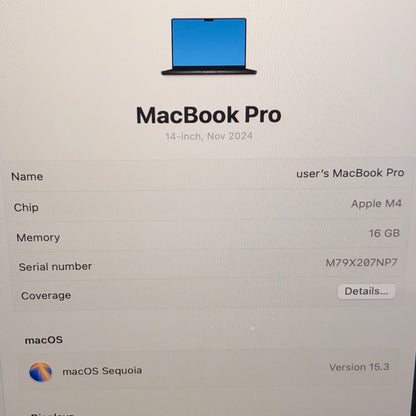 2024 Apple MacBook Pro 14" M4 10C GPU 16GB RAM 512GB SSD A3114