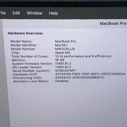 2024 Apple MacBook Pro 14" M4 10C GPU 16GB RAM 512GB SSD A3114