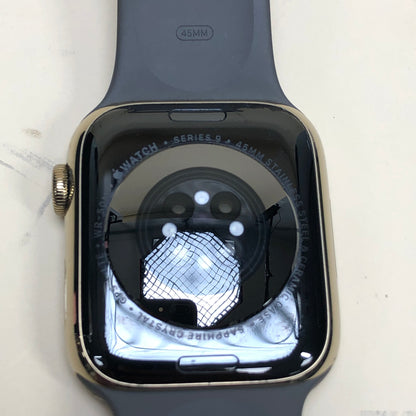 GPS Only Apple Watch Series 9 45MM Gold Stainless Steel Black Sport Band A2984