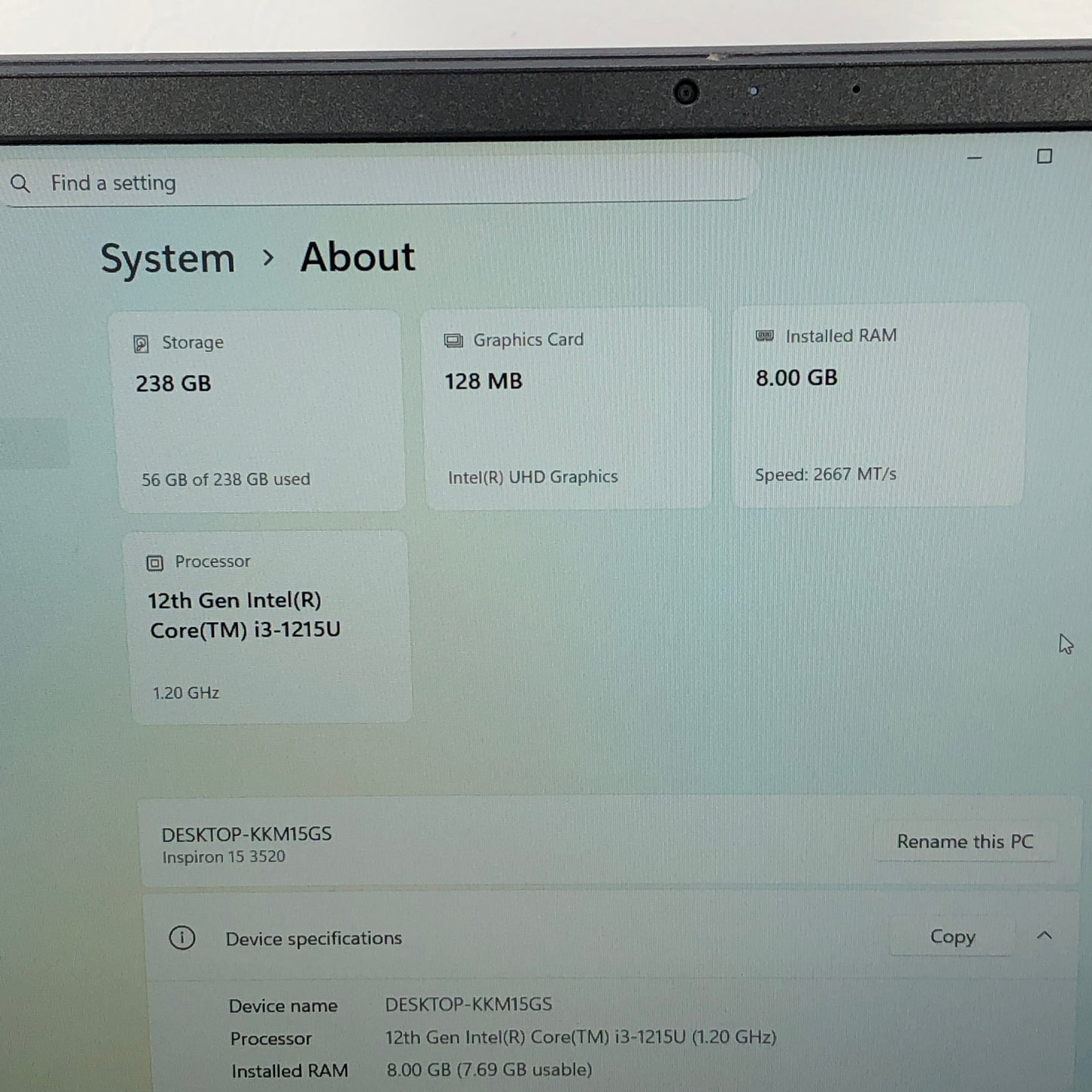 Dell Inspiron KKM15GS 15.6" i3-1215U 1.2GHz 8GB RAM 256GB SSD