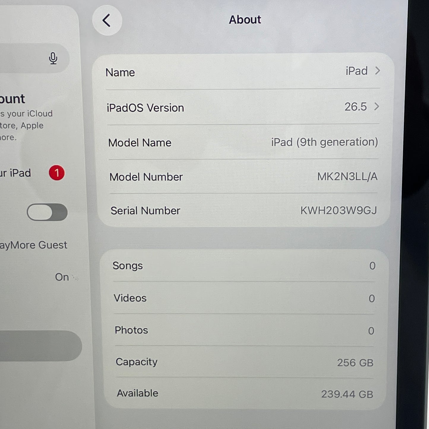 WiFi Only Apple iPad 9th Gen 256GB Space Gray MK2N3LL/A Screen Scuffs