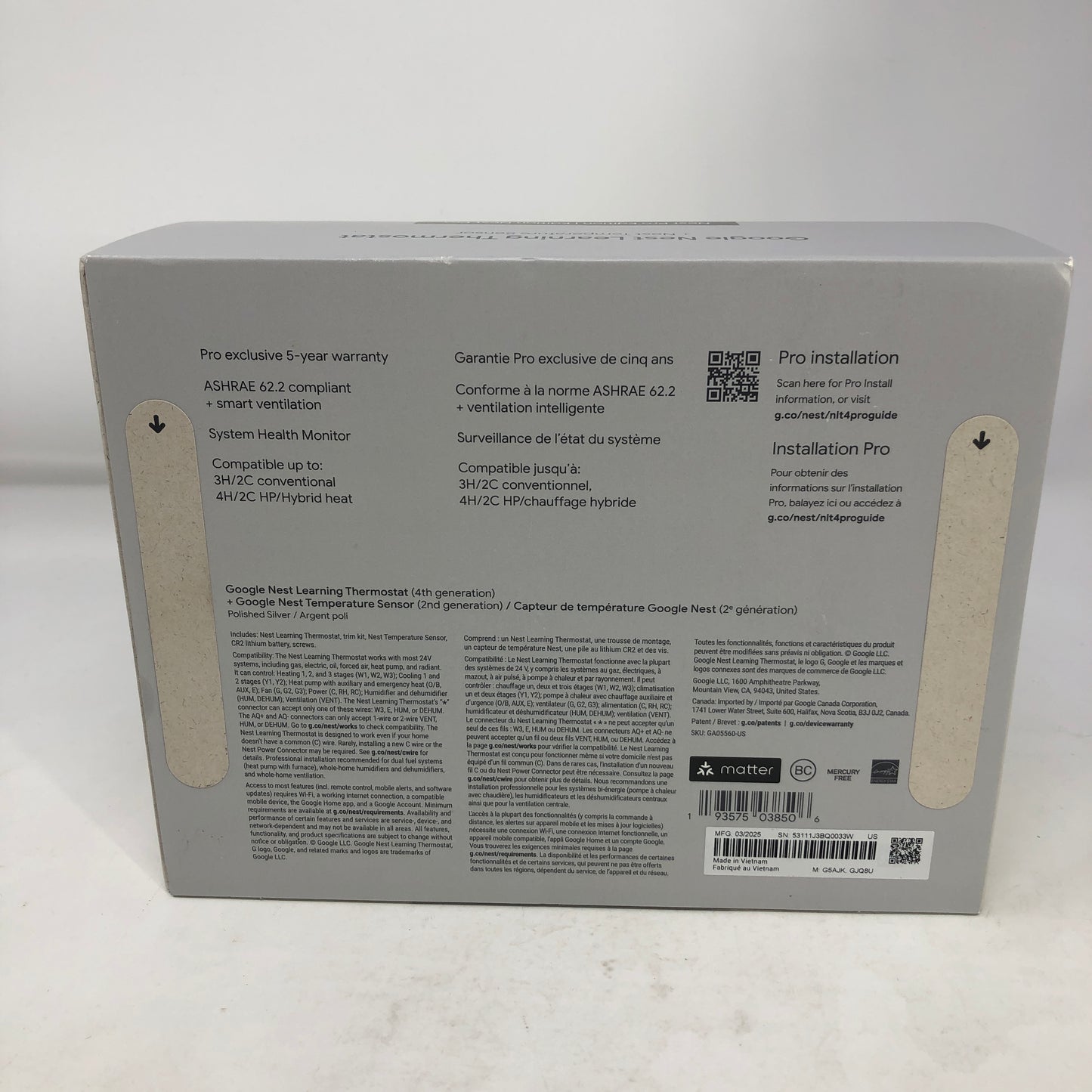 New Google Nest Learning  Programmable Thermostat Sliver GA05560-US