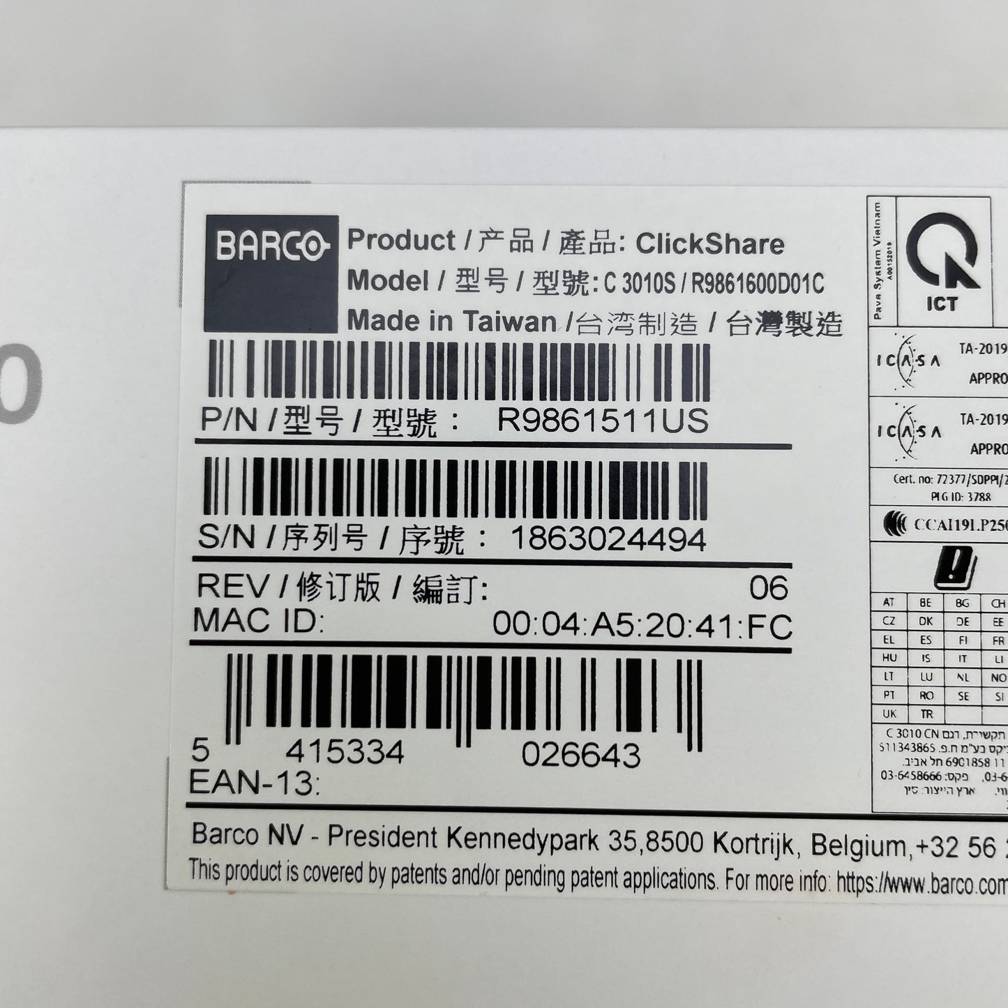 Barco Clickshare C-10 Wireless Presentation System R9861511US