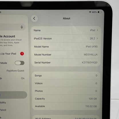 WiFi Only Apple iPad 11" (A16) 128GB Silver MD3Y4LL/A