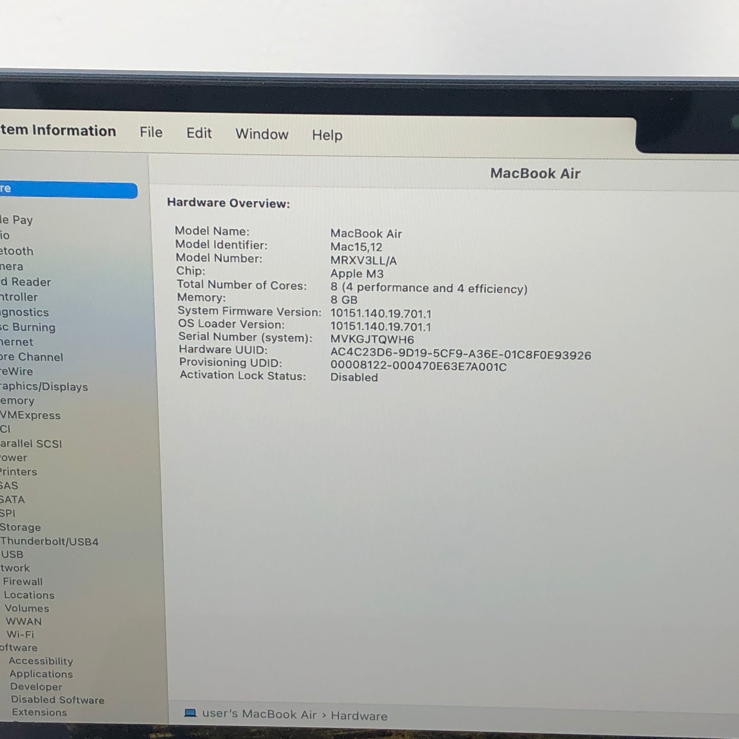 2024 Apple MacBook Air 13.6" M3 8C GPU 4.0GHz 8GB RAM 256GB SSD MRXV3LL/A
