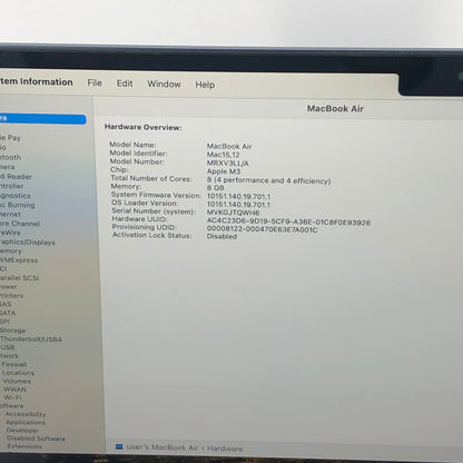 2024 Apple MacBook Air 13.6" M3 8C GPU 4.0GHz 8GB RAM 256GB SSD MRXV3LL/A