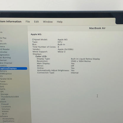 2024 Apple MacBook Air 13.6" M3 8C GPU 4.0GHz 8GB RAM 256GB SSD MRXV3LL/A