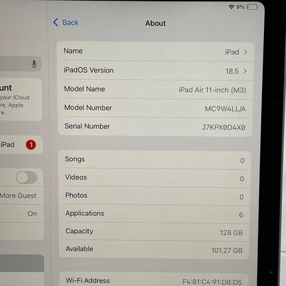 WiFi Only Apple iPad Air 11" M3 128GB Space Gray MC9W4LL/A