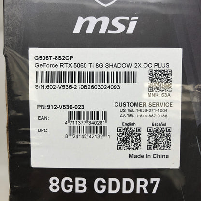 New MSI GeForce RTX 5060 Ti SHADOW 2X OC 8GB GDDR7 Graphics Card
