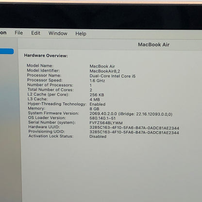 2019 Apple MacBook Air 13.3" i5 1.6GHz 8GB RAM 256GB SSD Gold A1932