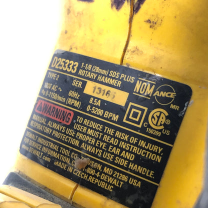 DeWalt D25333 1-1/8 In Corded SDS Plus Masonry Rotary Hammer Drill Tool