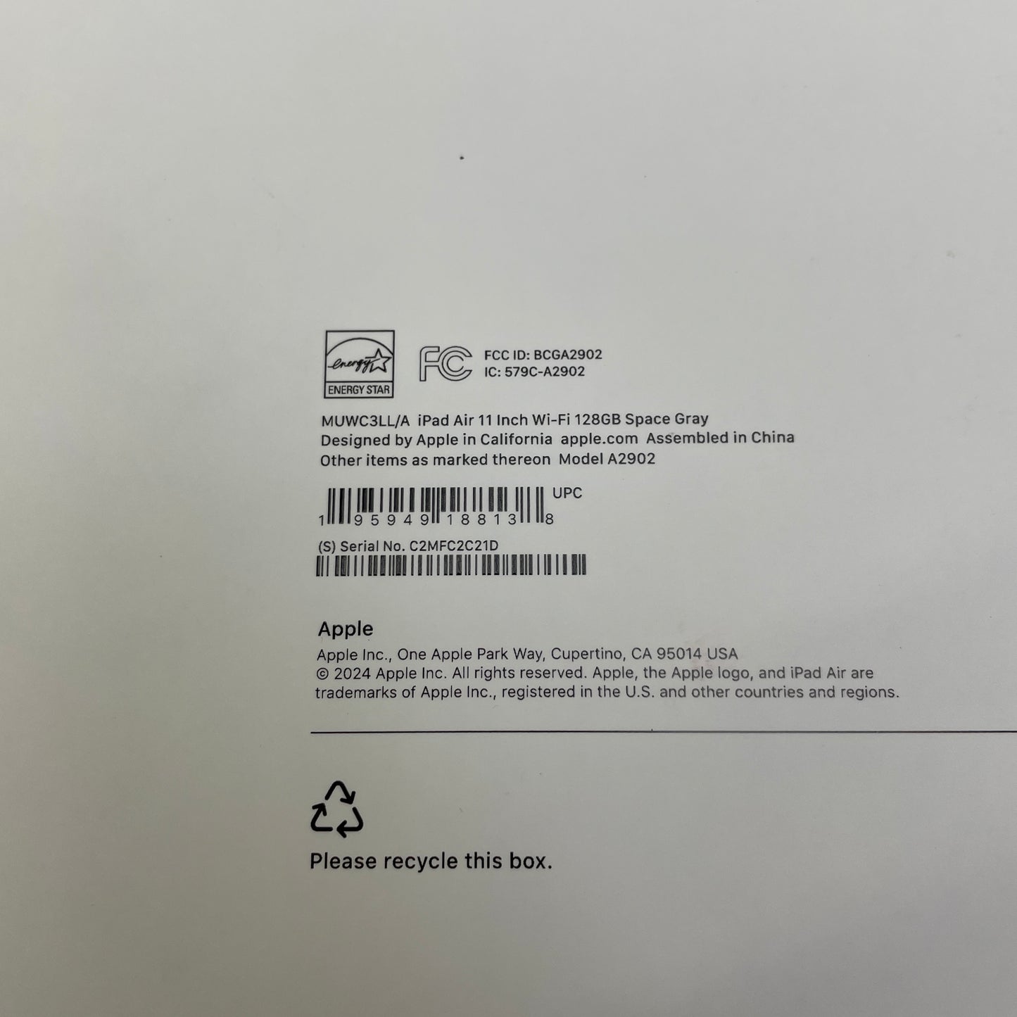 WiFi Only Apple iPad Air 11" M2 128GB Space Gray MUWC3LL/A