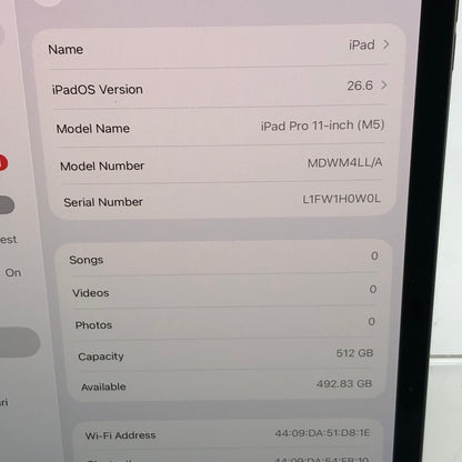 WiFi Only Apple iPad Pro 11" M5 512GB Space Black MDWM4LL/A
