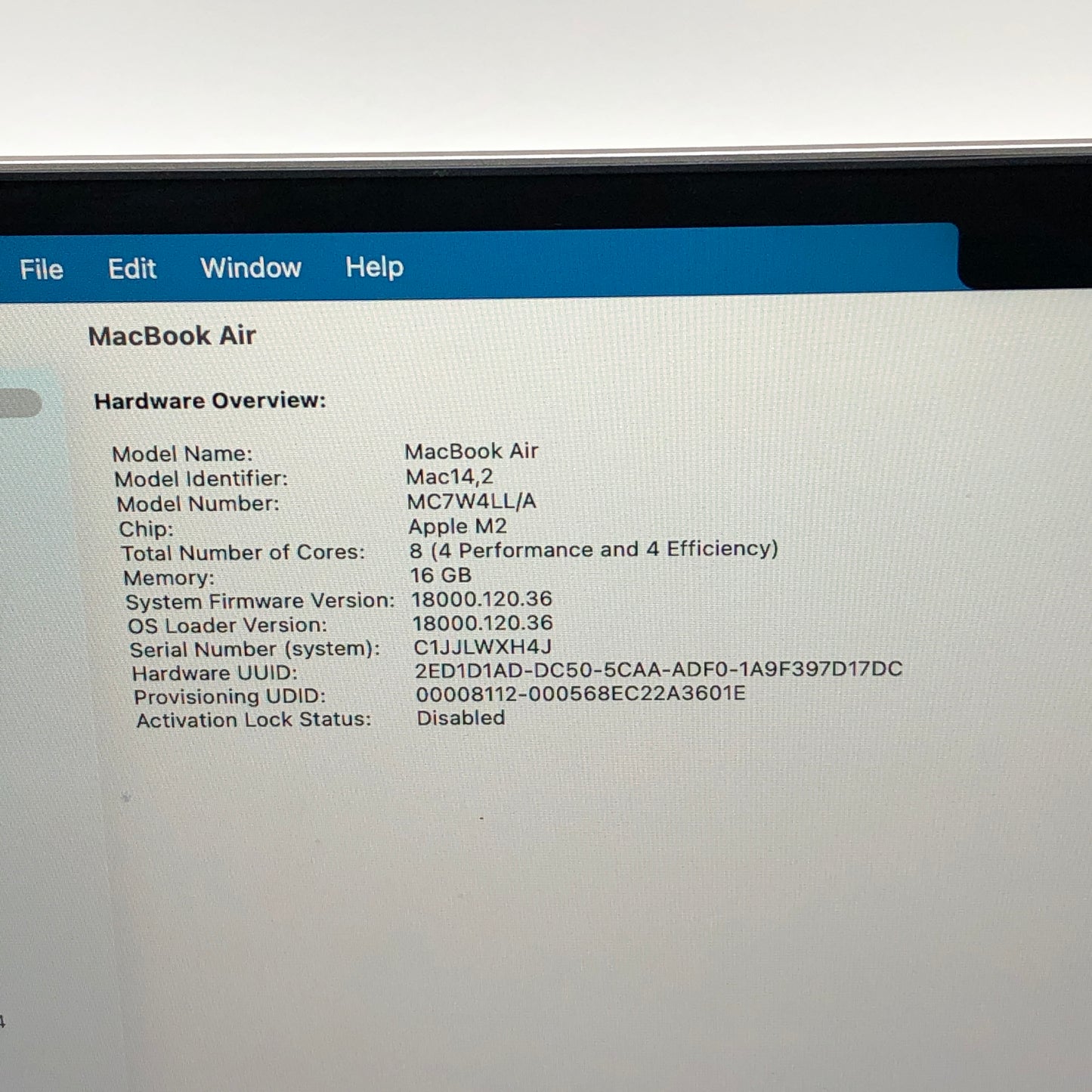 2022 Apple MacBook Air 13.6" M2 8C GPU 3.5GHz 16GB RAM 256GB SSD MC7W4LL/A