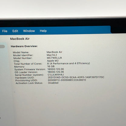 2022 Apple MacBook Air 13.6" M2 8C GPU 3.5GHz 16GB RAM 256GB SSD MC7W4LL/A
