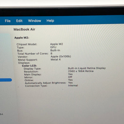 2022 Apple MacBook Air 13.6" M2 8C GPU 3.5GHz 16GB RAM 256GB SSD MC7W4LL/A