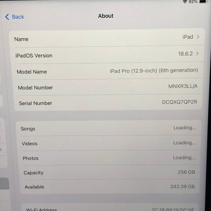 WiFi Only Apple iPad Pro 12.9" 6th Gen 256GB Space Gray MNXR3LL/A