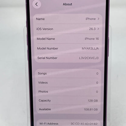 Factory Unlocked Apple iPhone 16 128GB Pink MYAR3LL/A