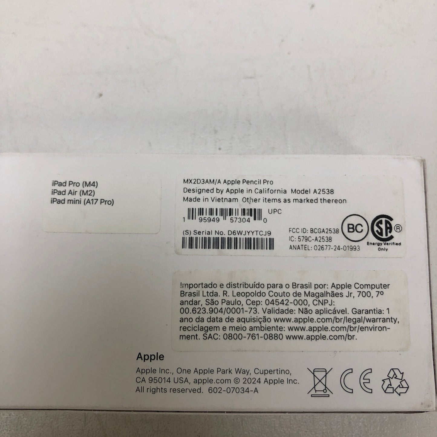 New Apple Pencil Pro Smart Pencil Stylus White MX2D3AM/A