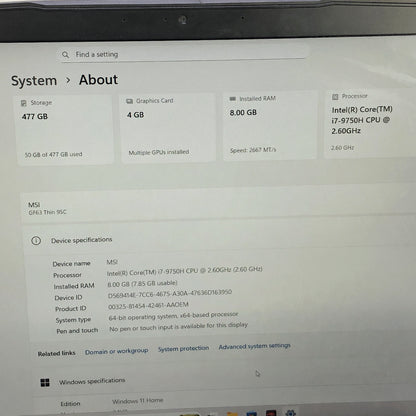 MSI Thin GF63 95C 15.6" i7-9750H 2.6GHz 8GB RAM 512GB SSD GeForce GTX 1650 Max-Q