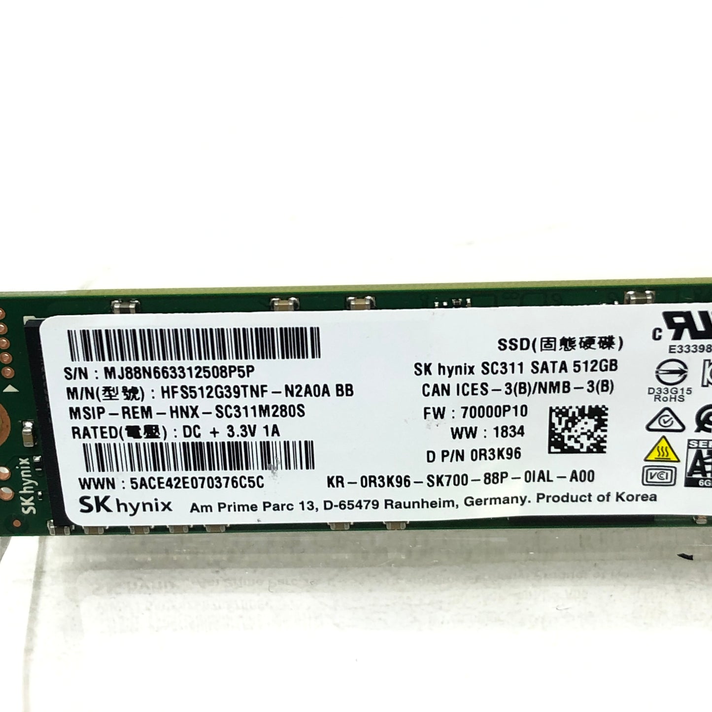 SK Hynix SC311 512GB M.2 2280 SATA III 6Gb/s SSD 0R3K96 HFS512G39TNF-N2A0A