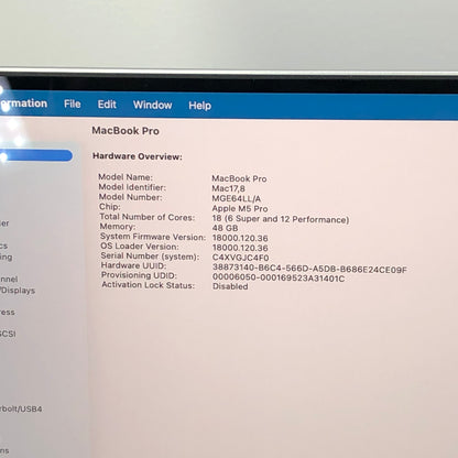 2026 Apple MacBook Pro 16" M5 Pro 20C GPU 4.6GHz 48GB RAM 1TB SSD MGE64LL/A