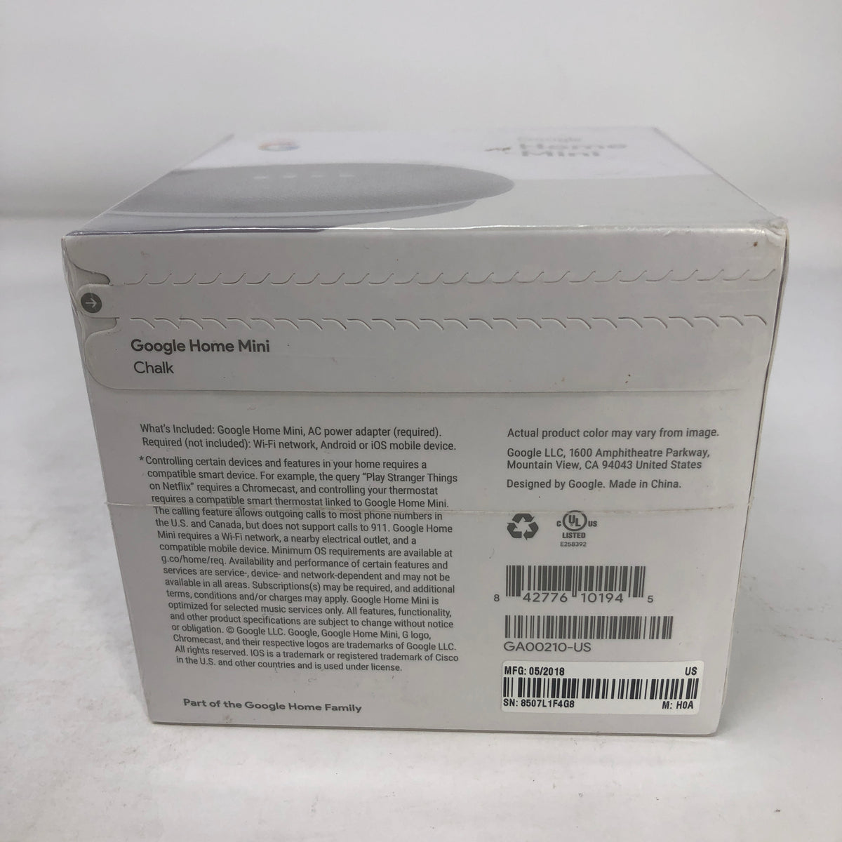 New Google Home Mini Smart Speaker Chalk GA00210-US