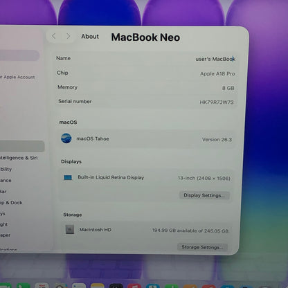 2026 Apple MacBook Neo 13" A18 Pro 5C GPU 4.0GHz 8GB RAM 256GB SSD MHFA4LL/A