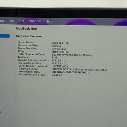 2026 Apple MacBook Neo 13" A18 Pro 5C GPU 4.0GHz 8GB RAM 256GB SSD MHFA4LL/A