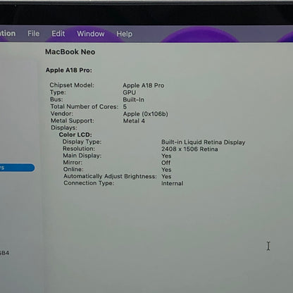 2026 Apple MacBook Neo 13" A18 Pro 5C GPU 4.0GHz 8GB RAM 256GB SSD MHFA4LL/A