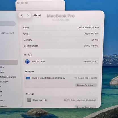 2023 Apple MacBook Pro 16" M3 Pro 14C GPU 4.0GHz 36GB RAM 1TB SSD Z1AF0019YLL/A