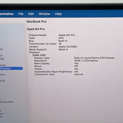 2023 Apple MacBook Pro 16" M3 Pro 14C GPU 4.0GHz 36GB RAM 1TB SSD Z1AF0019YLL/A