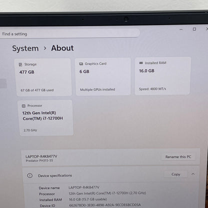 Microsoft Predator Helios 300 N22C3 15.6 i7-12700H 2.7GHz 16GB RAM 500GB SSD