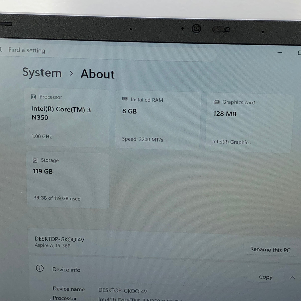 Acer Aspire AL15-36P 15.6" Core 3 N350 1.0GHz 8GB RAM 128GB SSD