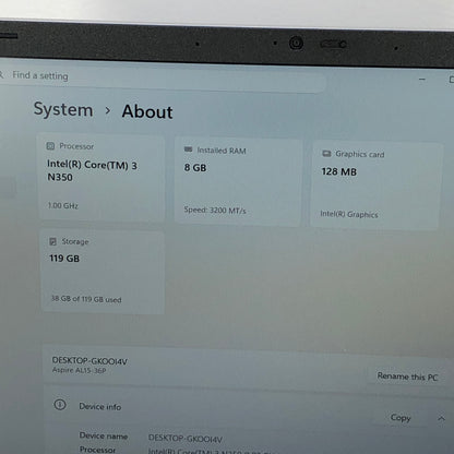 Acer Aspire AL15-36P 15.6" Core 3 N350 1.0GHz 8GB RAM 128GB SSD