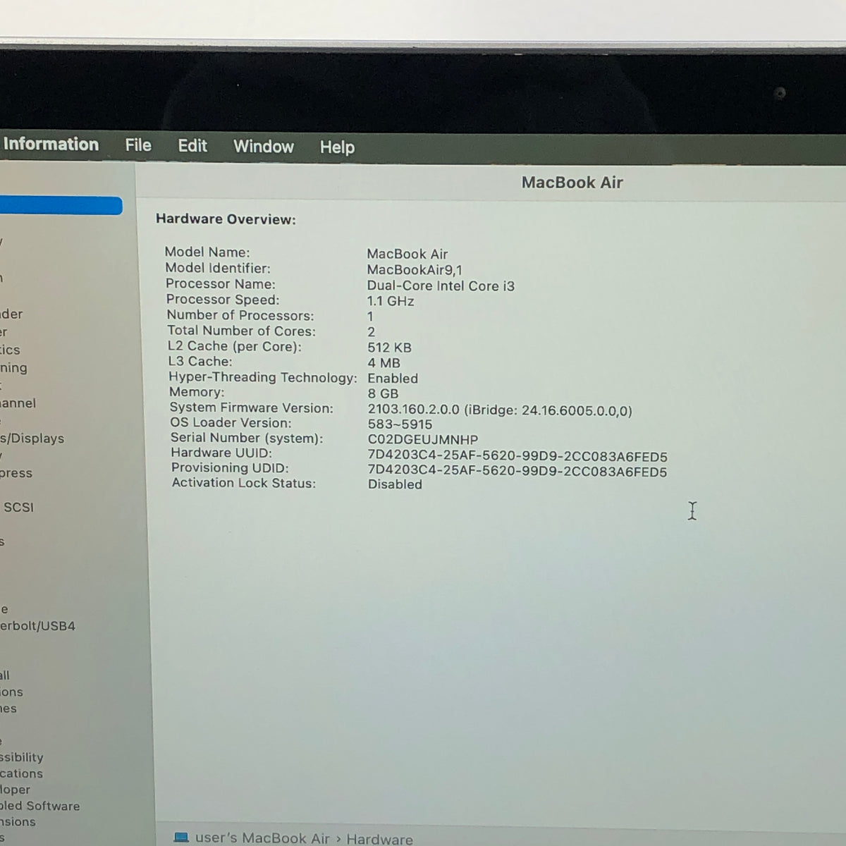 2020 Apple MacBook Air 13.3" i3 1.1GHz 8GB RAM 256GB SSD Space Gray A2179