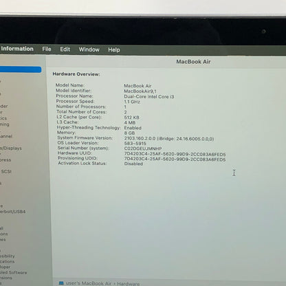 2020 Apple MacBook Air 13.3" i3 1.1GHz 8GB RAM 256GB SSD Space Gray A2179