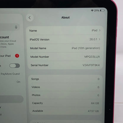 WiFi Only Apple iPad 10th Gen 64GB Pink MPQ33LL/A