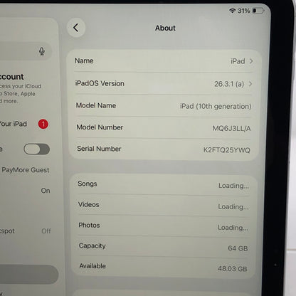 WiFi Only Apple iPad 10th Gen 64GB Silver MQ6J3LL/A